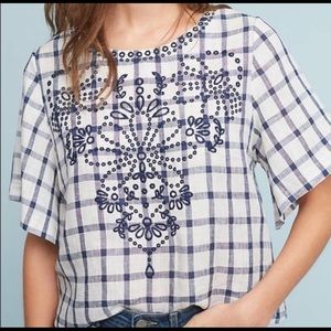 Moon River Blue and White Embroidered Plaid Top